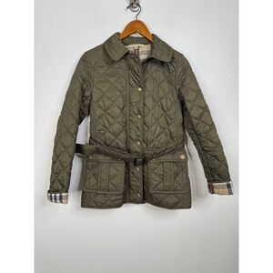 Burberry Brit Belted Quilted Green Jacket with Nova Check Lining Size Xsmall